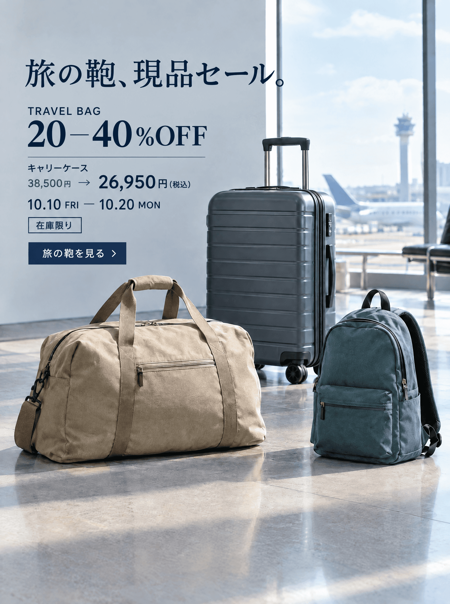 旅の鞄、現品セール。